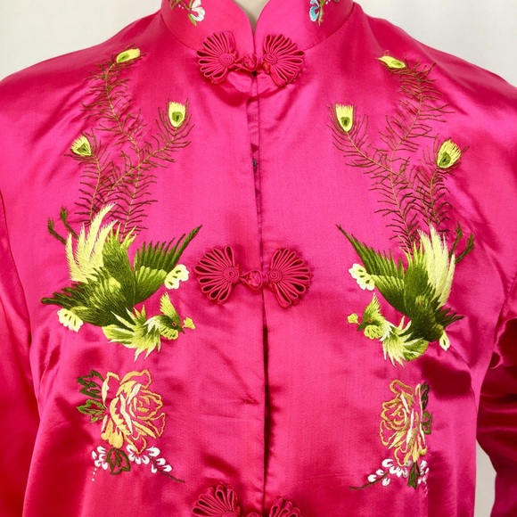 Vintage Other - Vintage Changri Traditional Pink Silk Satin Floral Embroidered Kimono Ro…